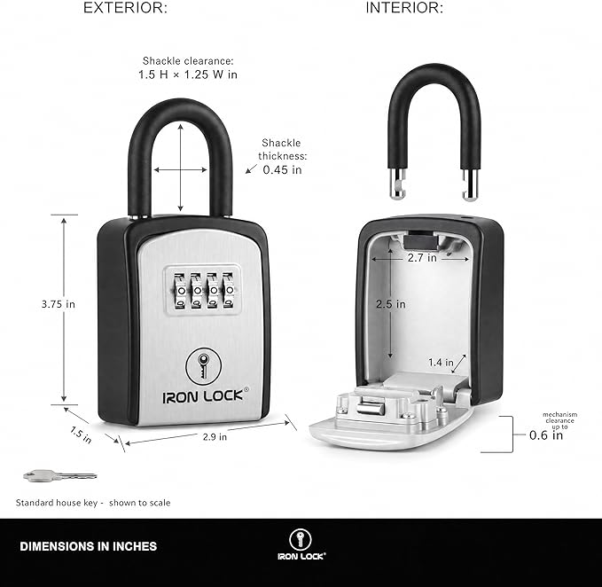 Iron Lock® Small Portable Key Lock Box with Code, U-Shackle (Small, Grey) | U-shackle opens fully out to loop over a handle, gate, latch or rail; rolling combination dials, no app, no battery
