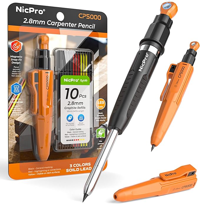 Nicpro CP5000 Magnetic Carpenter Pencils with Sharpener & Holster, 1 Pack | 2.8mm Mechanical Pencil+10 Refills, Deep Hole Marker for Construction, Woodworking Pencils with Strong Magnet Pickup Cap