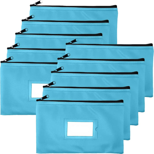 Money Bank Deposit Bag with Zipper | 11x6 inch | Light Blue | Durable Leatherette Money Cash Coin Check Wallet Pouch for Men & Women with Framed ID Window and Blank Card | by GIDABRAND (10)