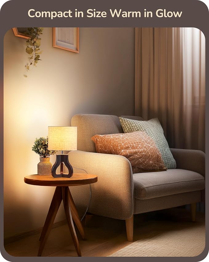 EDISHINE 14.6" Small Table Lamp, Walnut Wood Nightstand Lamp, E26 Base | Beige Linen Shade, On-Off Line Switch, Tripod Base, Cute Bedside Lamp for Living Room, Bedroom, Office