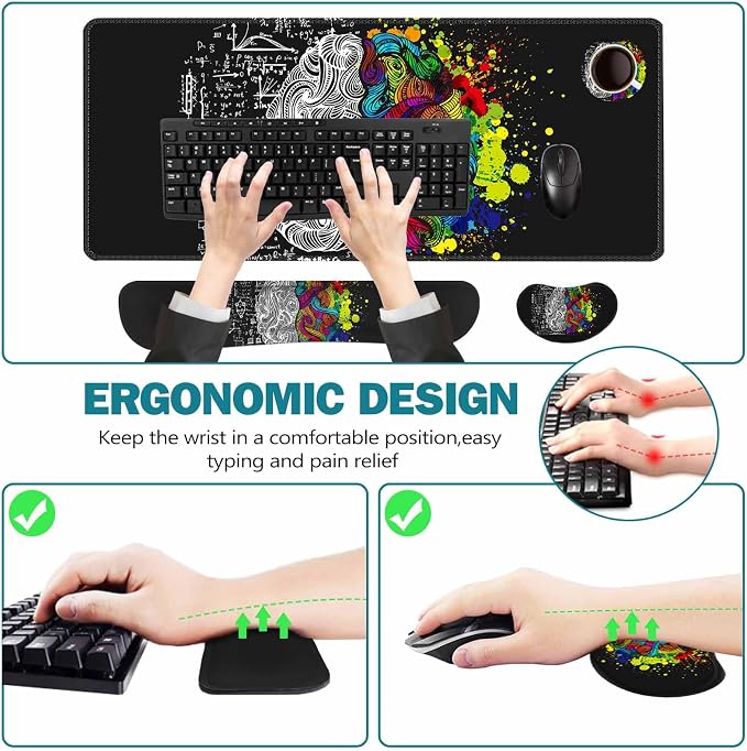 ToLuLu Extended Gaming Mouse Pad, Memory Foam Ergonomic Keyboard Mouse Wrist Rest Support Set, Large Desk Mat with Stitched Edges, Non-Slip Base Mousepad for Home Office Game, Left & Right Brain