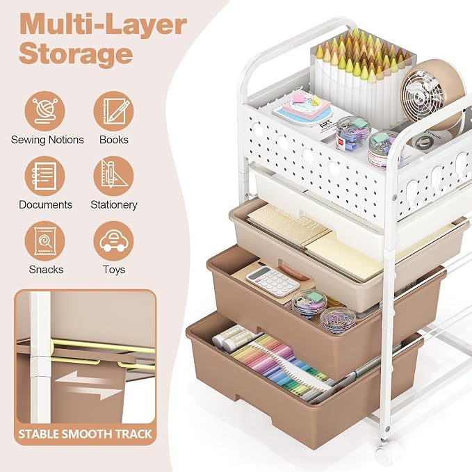 4 Drawer Rolling Storage Cart with Pegboard Top and Hooks, Brown | Mobile Organizer Cart with Wheels for Office Supplies, Craft Storage, Classroom Organization, Home Utility Cart