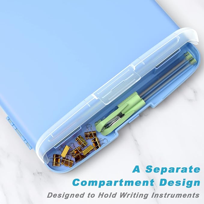 Rimilak Clipboard with Storage, 8.5 x 11'' High Capacity Clip Board, Blue | Smooth Writing, Side-Opening Plastic Folder with Pen Holder, Size 14.2 x 9.6 x 1.2″ ,for Classroom, Teacher, Student