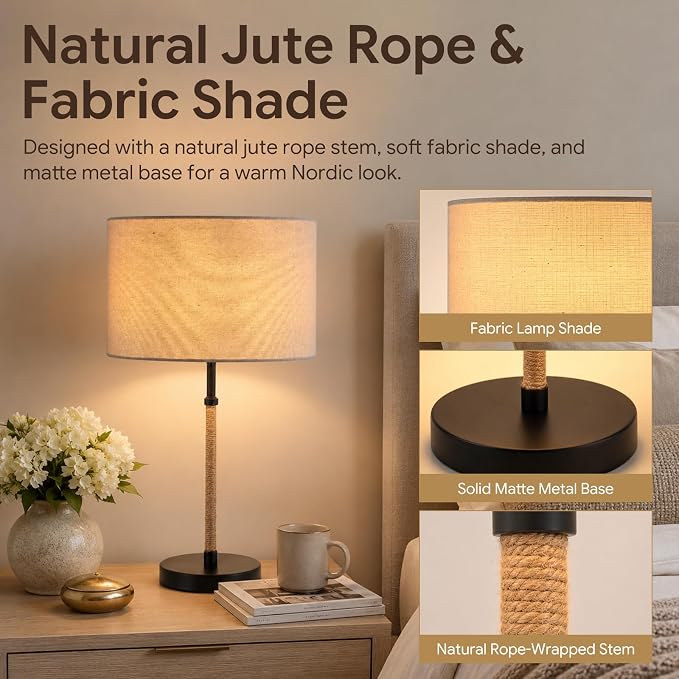 BySea Nordic Linen Desk Lamp, 21.1" Tall Metal Table Lamp for Living Room, Minimalist Bedside Nightstand Lamp with Fabric Drum Shade, Japandi Decor, Warm Yellow Light, 6.6ft Cord