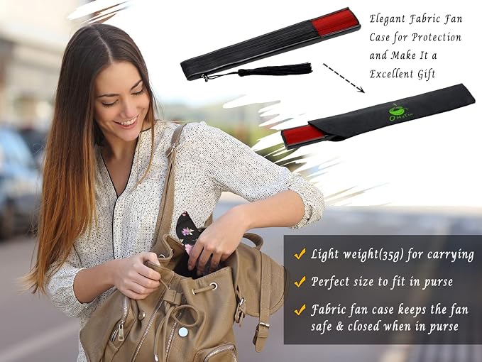 OMyTea Folding Hand Fan for Women - Foldable Chinese Japanese Vintage Bamboo Silk Fan - for Hot Flash, Church, Decoration, EDM, Music Festival, Dance, Party, Performance, Gift (Sexy Black - Red)