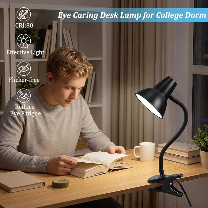 Clip On LED Desk Lamp, Flexible Arm, Eye-Caring Study Lamps for School Dorm | 4.5W Energy-Saving, Anti-tip Bedside Reading Light, Desk Lamps for College Dorm Room, Home Office, Modern Lamp with 1.6m Cord