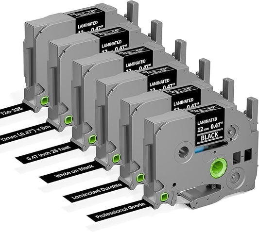 Freshworld 6-Pack Replace for Brother Label Maker Tape TZe-335 12mm 0.47 White Ink on Black Tape Laminated Compatible with Brother P-Touch Label Maker Refills for PTD210 D220 H110 H111 D410 610BT CUBE