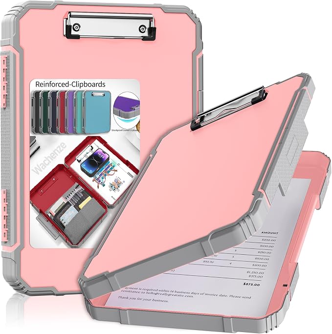 Clipboard, Clipboard with Storage, Heavy Duty Clip Boards 8.5x11, Protective Over Molded Edge, Plastic Clipboards, Contractor Folder with Internal Pen Pouch for Driver (Rose Pink)