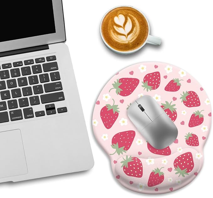 LIMKRIAN Pink Ergonomic Mouse Pad with Gel Wrist Rest, Strawberry Mousepad | Non-Slip PU Base, Smooth Surface, Comfort Wrist Support, Cute Home Office Decor School Supplies Desk Accessories for Women