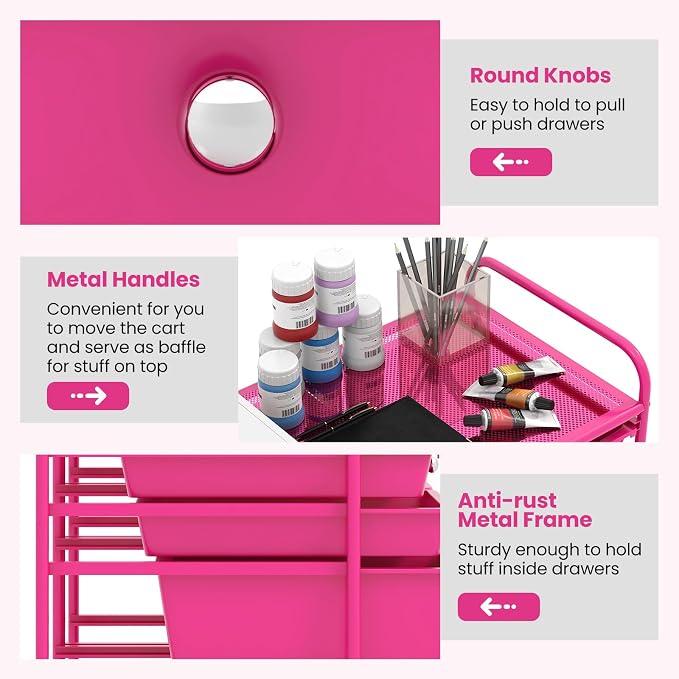 COSTWAY 12-Drawer Rolling Storage Cart, Moveable Art Craft Organizer | Lockable Wheels, Metal Shelf, Files Arrangement Tools Makeup Storage Cart for Office, Home, School (Hot Pink)
