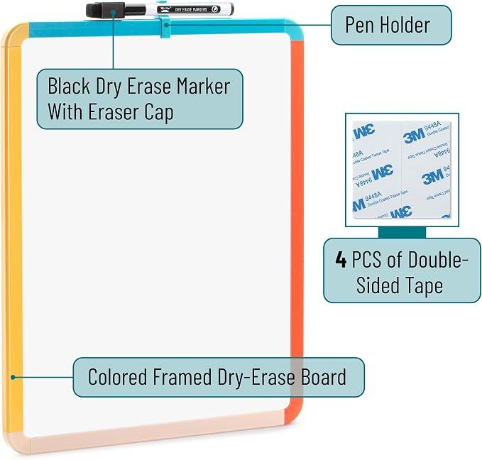 Mr. Pen- Dry Erase Board, 14” x 11” with a Black Dry Erase Marker, Colorful Frame, Small White Board, White Board for Kids | Colorful Frame, Small Mini White Board for Students, Fridge, Wall, Locker, Includes Double Sided Tapes