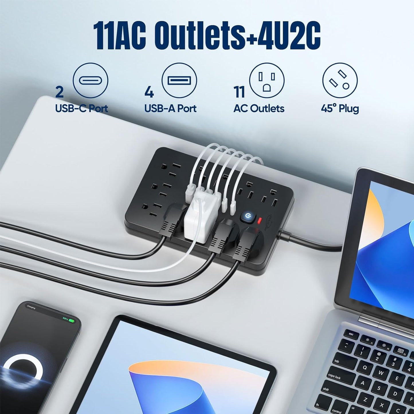2PCS 5 FT Flat Plug Surge Protector Power Strip,11 Multiple AC Outlets with 6 USB Ports (2 USB C), 5 Feet Extension Cord, 1250W/10A, One Touch Switch Button, 17 in 1 Compact powerstrip