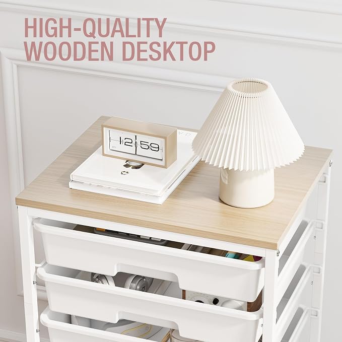 TOOLF Rolling Storage Cart with 8 Drawers,White | Utility Cart on Wheels with Wooden Tabletop,Teacher Organization for Classroom, Art Cart for Office,Bedroom,Craft Room