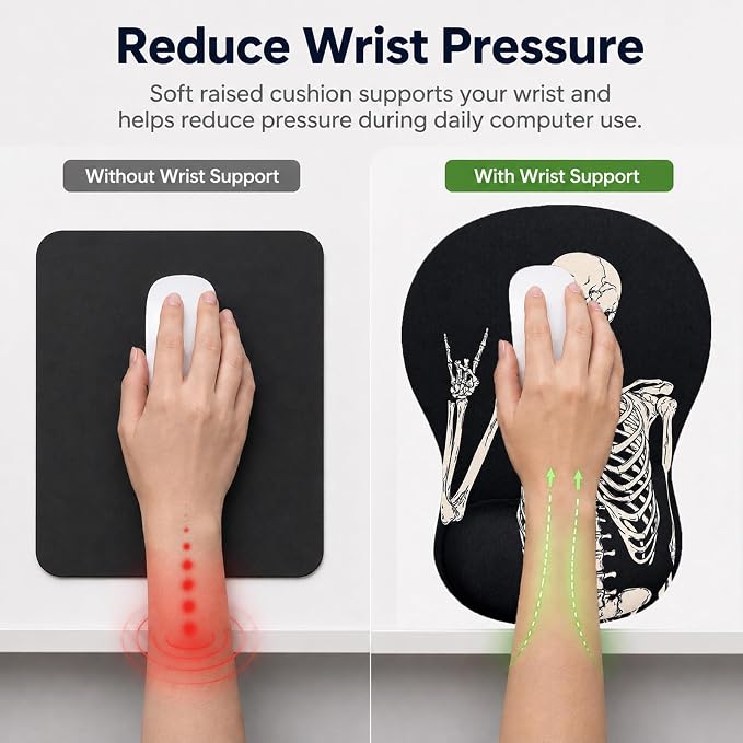 Mouse Pad with Wrist Rest Ergonomic Memory Foam Support, Non-Slip Rubber Base, Comfortable Typing Cushion for Home Office Computer Laptop, Human Skeleton