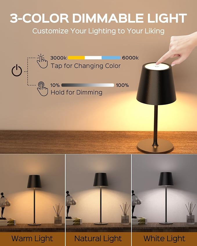 JACKYLED Cordless Table Lamps Rechargeable, 3 Adjustable Height, 5000 Capactiy Operated, 3 Colors Smooth Dimming, Portable LED Waterproof Table Lamp for Dining, Bedroom, Outdoor (2 Pack)