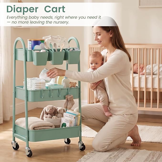 3-Tier Rolling Cart, Utility Cart Mobile Metal Rolling Storage Cart with Lockable Wheels & Hanging Cups & Hooks for Kitchen, Bathroom, Office, Workshop, Green