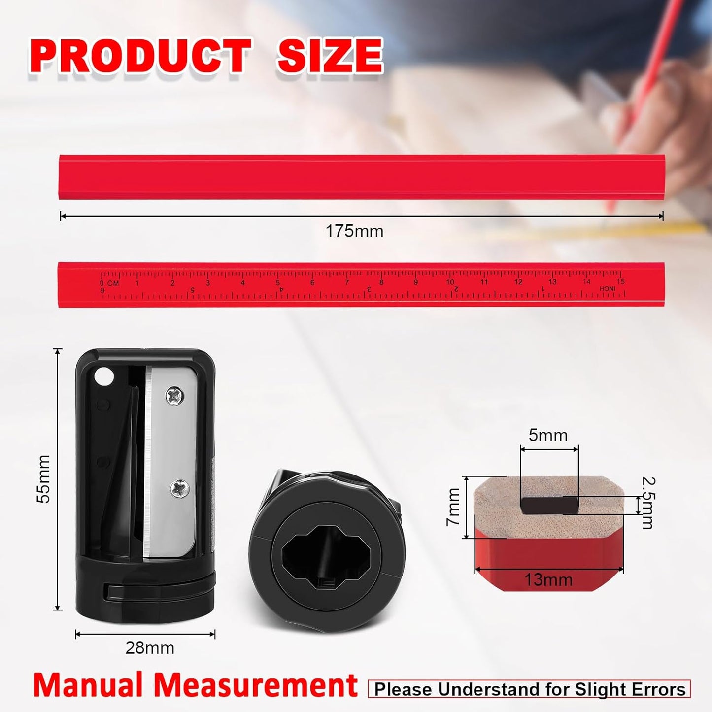 Honoson 200 Pcs Flat Construction Pencils with Printed Ruler Wood Graphite 2 Pcs Carpenter Pencil Sharpener for Woodworking Marking Tool (Orange and Red)