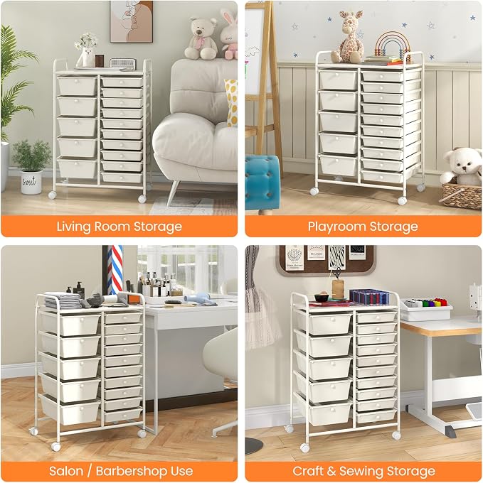15 Drawer Rolling Storage Cart, Rolling Cart with Drawers for Classroom, Art Supply Craft Organizer on Wheel with Metal Frame & Handles for Home Office School