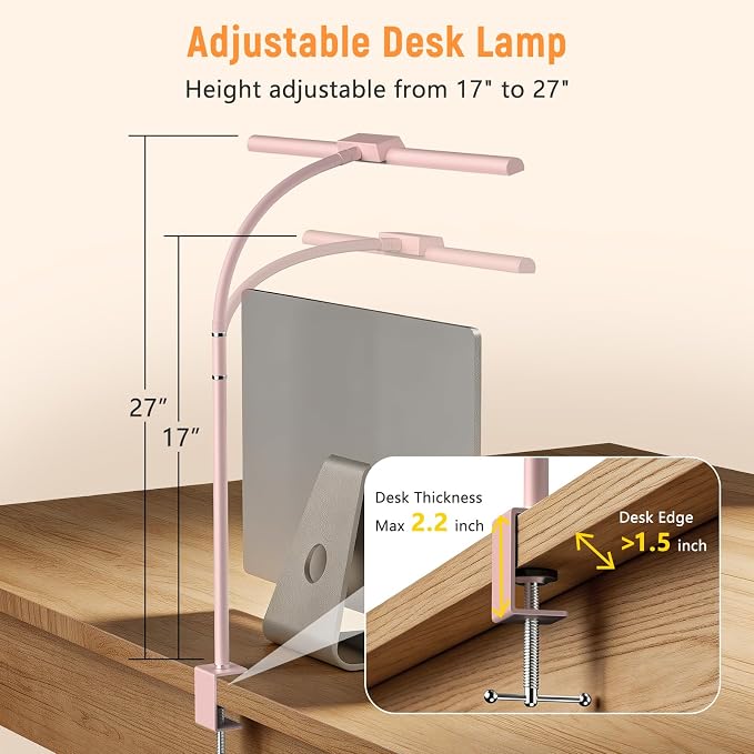 LED Desk Lamp for Home Office, Flexible Gooseneck Desk Lamp with Clamp, 5 Color Touch Control Stepless Dimming Adjustable Eye-Caring Desk Light with Adapter for Reading, Study, Workbench (Pink)
