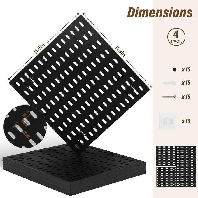 AKTOP Modular Plastic Peg Board Wall Organizer, 4 Pack, 12"x12", Black | ABS Material, Adhesive or Drill Mounting, Ideal for Office, Gaming Room, Craft Room