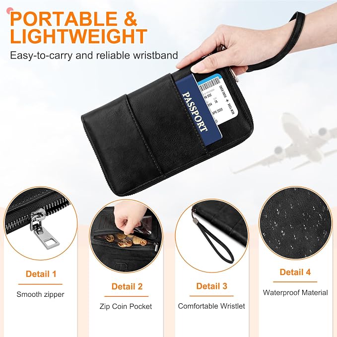 RFID Family Passport Holder Wallet - Travel Document Organizer | PU Leather, with Wristlet, Zipper, Cards, Boarding Pass, ID, Cash, Ticket Pockets,Travel Essentials Gifts for Women Men