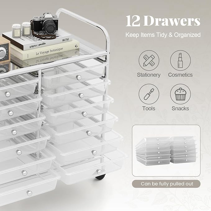 RELAX4LIFE 12-Drawer Rolling Storage Cart - Mobile Utility Cart on Wheels for School Classroom Teacher Office Salon, Paper File Art Supply Craft Organizer, Rolling Cart with Drawers (Clear)