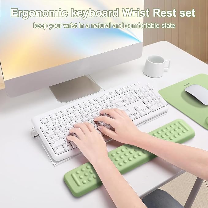 MOSISO Keyboard Stand&Wrist Rest Support for Keyboard &Mouse Pad Set | Ergonomic Massage Wrist Rest Set, Easy Typing Working Acrylic Clear Stand for Office Home, Sage Green