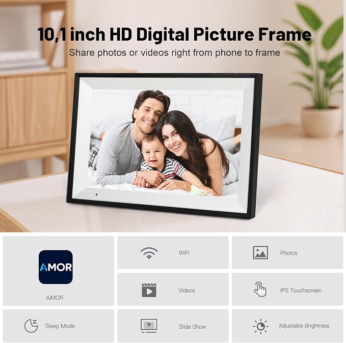Digital Picture Frame, 10.1 Inch Picture Frame with 1280*800 HD IPS Touch Screen, Smart Digital Photo Frame Built-in 32GB Memory, Auto-Rotate Easy Setup to Share Photos or Videos via AiMOR APP (Black)
