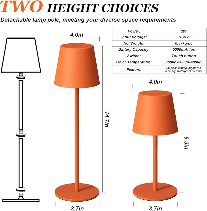 Kakanuo Cordless Table Lamp Rechargeable Orange - KK 2 Pack 5000mAH Battery Operated Lamp for Counter, 3 Color Stepless Dimming Wireless Lamp for Dining Kitchen, Outdoor Patio, Touch Control