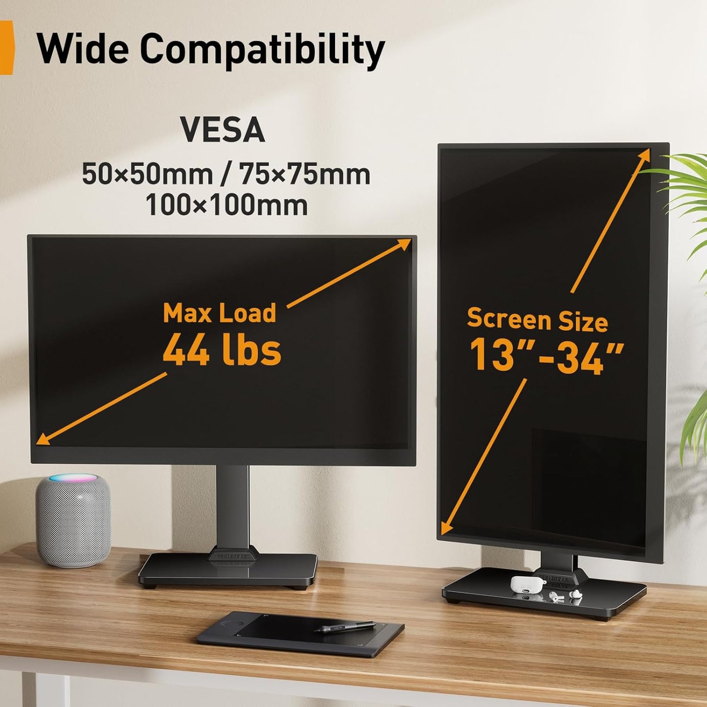 Perlegear Monitor Stand, Freestanding Monitor Mount for 13-34 inch Screens with 360 Degree Rotation, 5 Height Settings, Adjustable Desk Riser with Swivel and Tilt, Max VESA 100x100mm, PGTVS29
