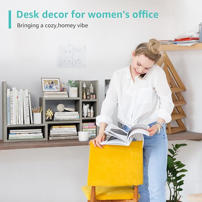 NUTIKAS Desk Shelves Desktop Organizer Shlef - Grey Office Organization for Top of Desk Organizers and Accessories Corner Bookshelf Table Top Shelving Small Hutch Decorations for Office