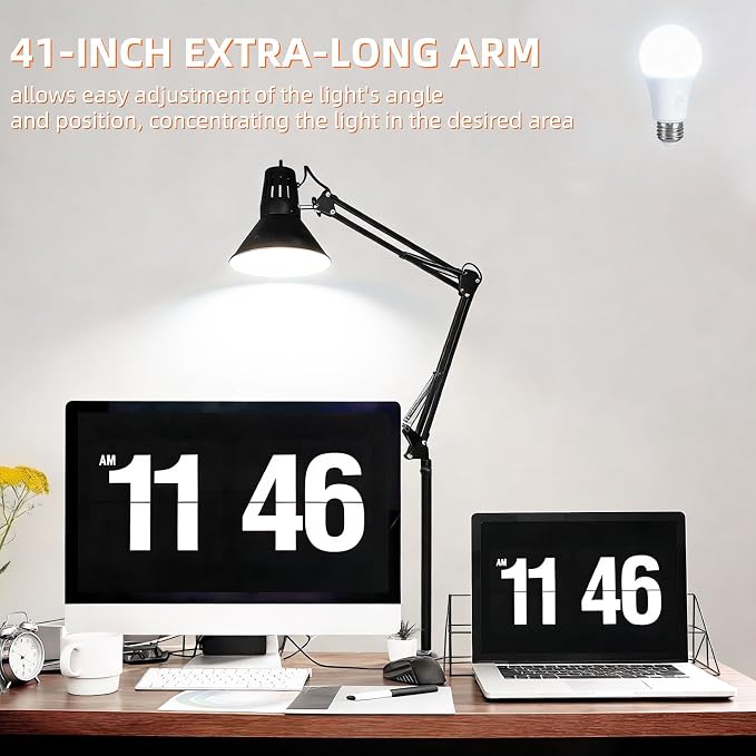 Black Desk Lamp with Clamp, Extra-Tall Adjustable Metal Swing Arm, 2 Pack | Manicurist Table Lamp for Nail Work, Drafting, Sewing, Crafting, College Dorm and Home Office, A19 Bulbs Included