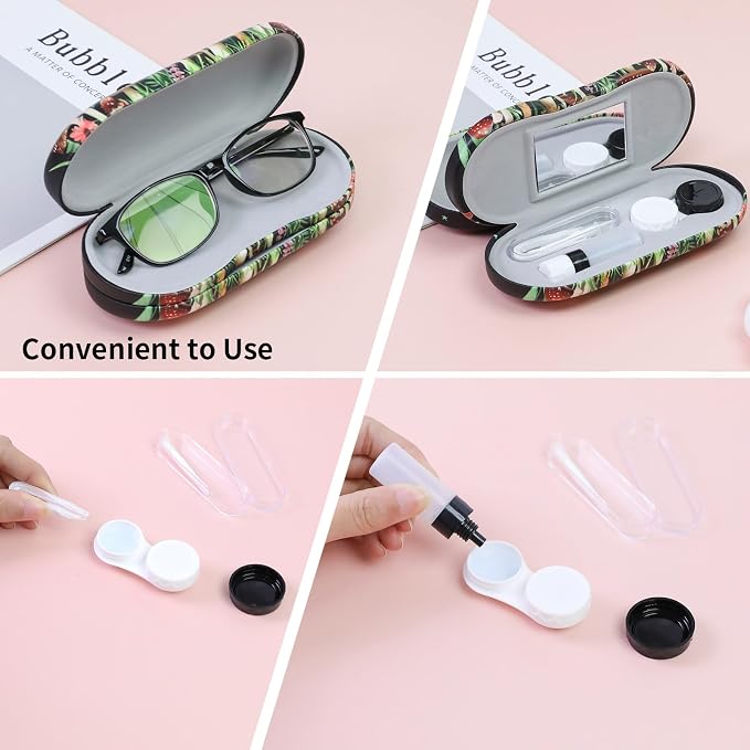 2 in 1 Contact Lens Case and Eyeglasses Case for Women Men Kids, Double Sided Hard Shell Portable Glasses Travel Holder with Built-in Mirror, Contact Lens Box Storage Kit (Black Mushroom)