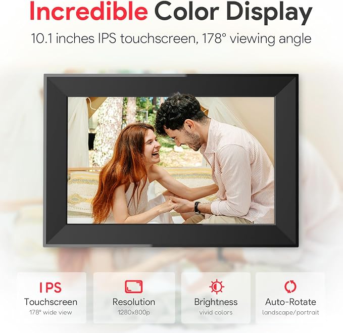 Skyrhyme 10.1 Inch Digital Picture Frame with 32GB Storage, Frameo WiFi Digital Photo Frame, 1280 * 800 IPS Touch Screen, Auto-Rotate Slideshow, Easy to Share Photo/Video via Free App