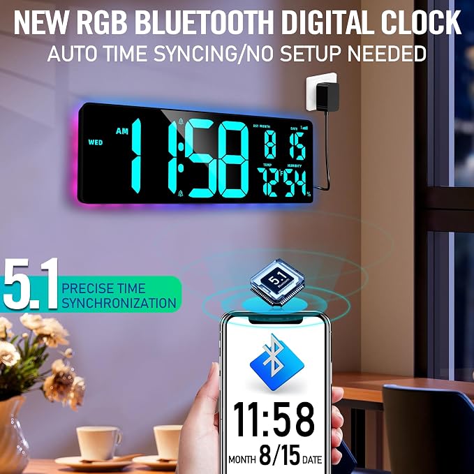 TXL 17.2'' Bluetooth Large Digital Wall Clock, LED Large Display Timer with RGB Ambient Lights,Temperature/Humidity, Remote Control, Adjustable Brightness for Home, Office, Classroom