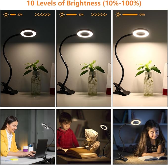 Woputne Desk Lamps Clip on Reading Light for Bed Home Office Craft (Black) | With 5V 2A Adapter, 10 Dimmable Brightness 3 Modes, Flexible Neck Light Desk Lamps for Home Office Headboard