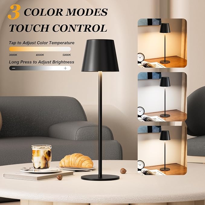 Kakanuo Cordless Table Lamp Rechargeable Black - KK 2 Pack 5000mAH Battery Operated Lamp for Counter, 3 Color Stepless Dimming Wireless Lamp for Dining Kitchen, Outdoor Patio, Touch Control