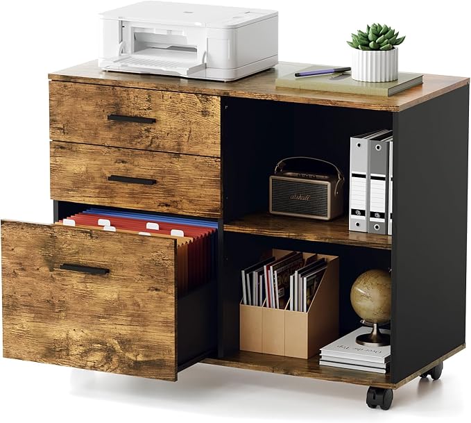 VINGLI 3 Drawer Wood Lateral File Cabinet with Adjustable Shelves & Locking Wheels, Printer Stand with Drawers for Letter, Sturdy Black File Cabinets for Home Office, Study & Business, Rustic Brown
