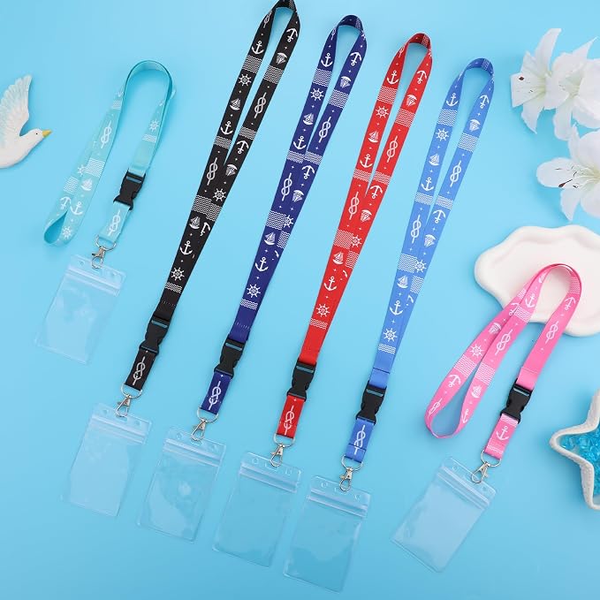 6 Pack Cruise Lanyards with Waterproof Card Holders, Mixed Colors | Detachable buckle, soft polyester neck strap, resealable waterproof badge holder, ideal for family or group cruises