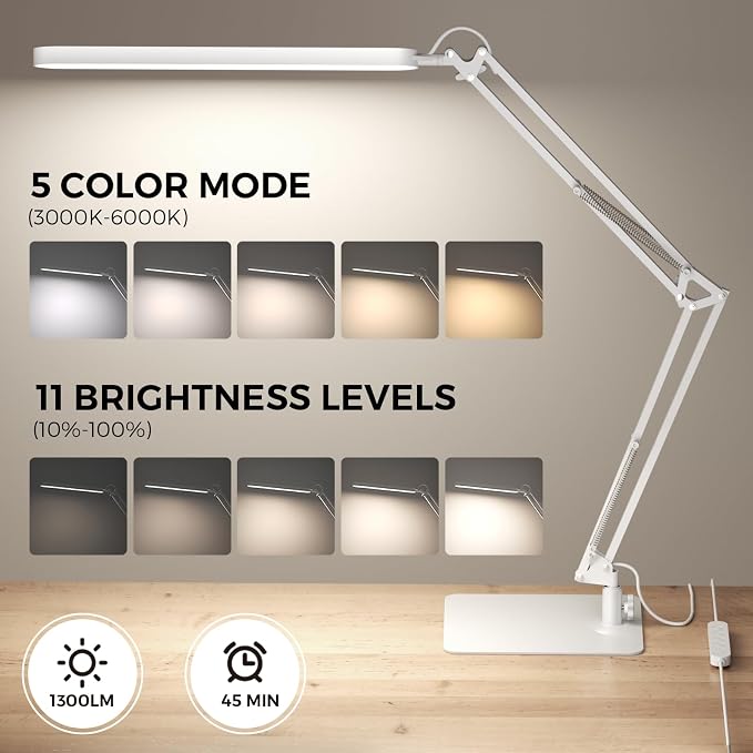 LED Desk Lamp with Slim Base - Adjustable Swing Arm Desk Light, Dimmable, Timer, Eye Protection, Memory Function, 1300LM, 12W, White