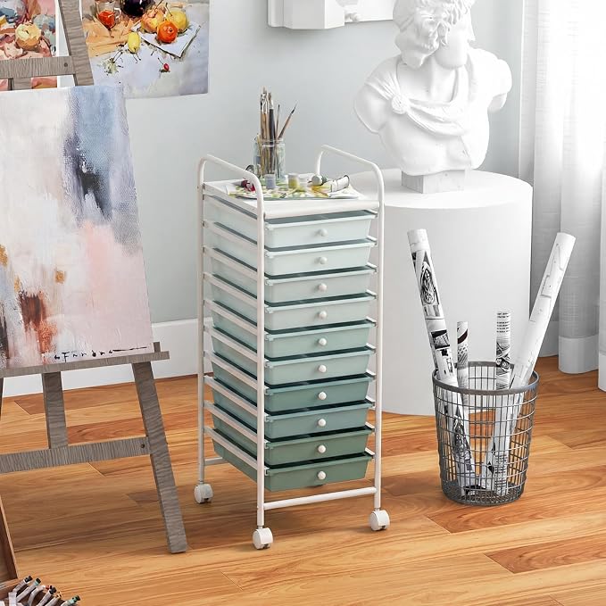GLACER 10 Drawers Rolling Cart, Storage Cart with w/Removable Drawers & Steel Frame, Utility Mobile Trolley w/Universal Casters & 2 Brakes, Organizer Cart for Home, Office (Green Gradient)