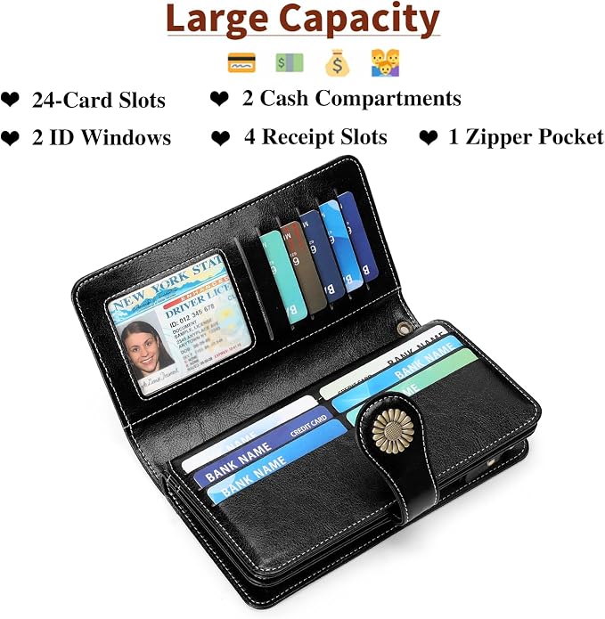 SENDEFN Wallets for Women Leather Credit Card Holder with RFID Blocking Large Capacity Wristlet | with RFID Blocking