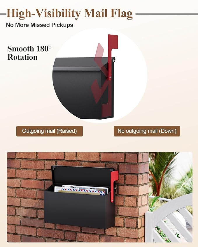 Wall-Mount Mailbox for Outside, Large Capacity Rust-Proof Mail Box with Stay-Open Lid & Red Flag Kit, Galvanized Steel Weather-Resistant Post Box for House Outside, 13"x4.1"x6.9", Black