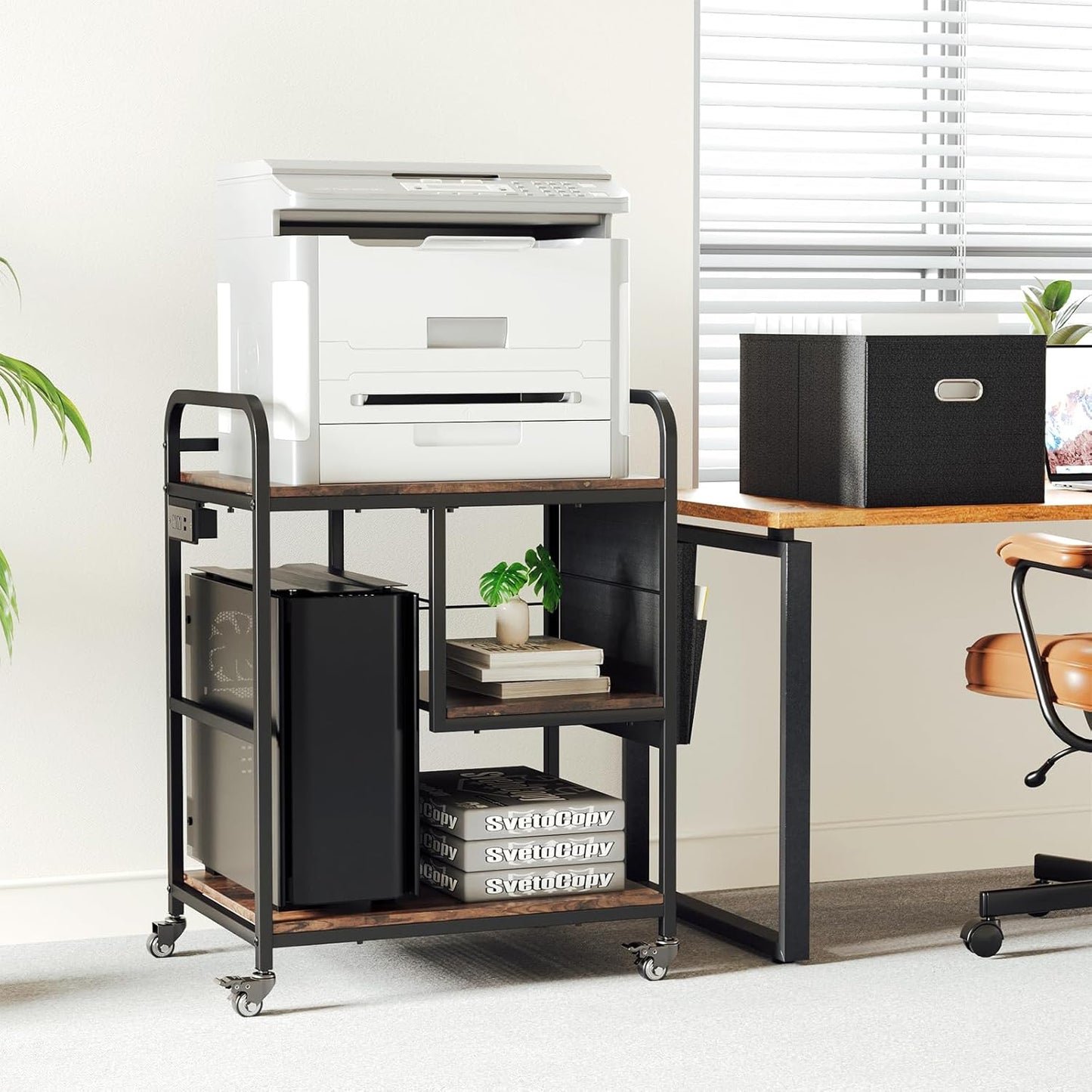 Large Printer Stand with Removable Storage Drawer, Mobile Printer Table with Charging Station for Home Office, Rolling Industrial Printer Cart with Wheels for Scanner Fax PC Tower (Brown)