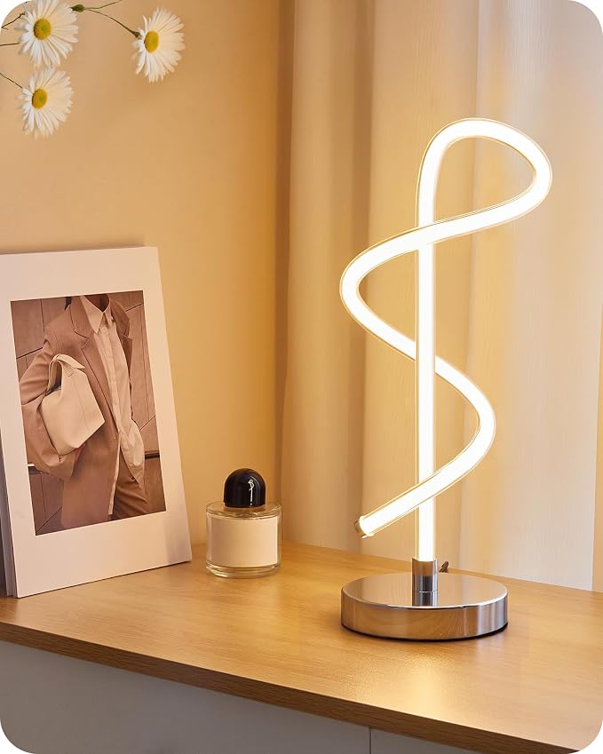 Modern LED Table Lamp, Bedside Lamp with 3 Color Temperatures, Adjustable Brightness, 360° LED Lighting Spiral Design, Sliver Desk Lamp, Spiral Lamp for Bedroom, Living Room, Office, S63TL05