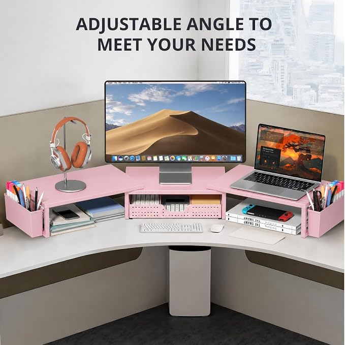 Desk Organizers and Accessories, Dual Monitor Stand Riser with Drawer and 2 Pen Holders, Desk Shelf Computer Racks for Office Workspace Organizers, Desktop Organization (Peach-pink)