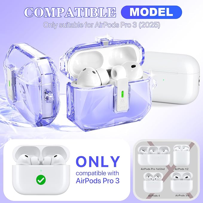 for AirPods Pro 3 Case Transparent with Lock, Clear Purple | Compatible MagSafe, Compatible with Apple AirPods Pro 3rd Generation Case with Cleaning Kit & Keychain, Auto Pop-Up