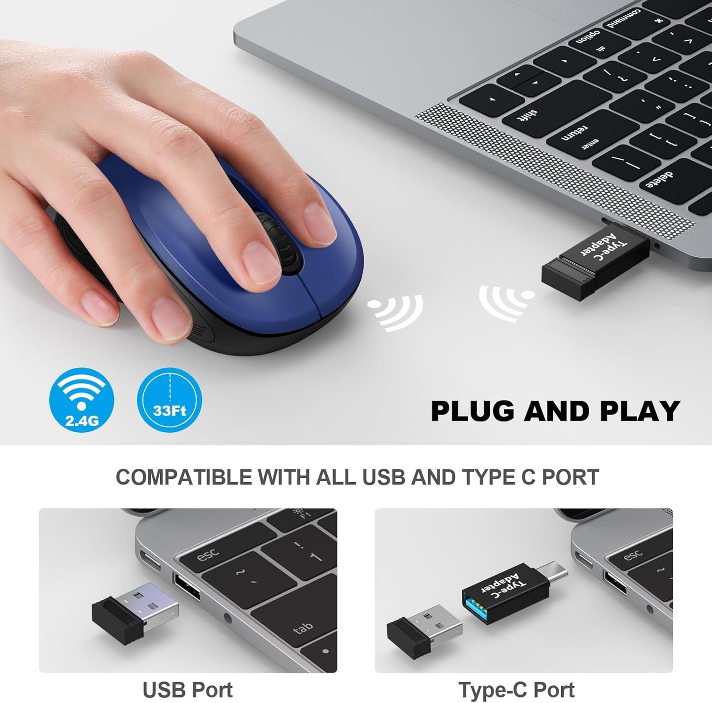 WisFox 2.4G Wireless Mouse for Laptop, Ergonomic Computer Mouse with USB Receiver and Type-C Adapter, 3 Adjustable Levels, 6 Button Cordless Wireless Mice for Windows Mac PC Notebook (Blue)