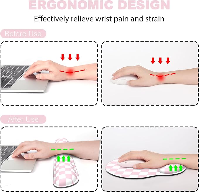 Ergonomic Mouse Pad with Wrist Rest and Keyboard Wrist Rest, Mousepad | Memory Foam Wrist Rest for Computer Keyboard, Pain Relief, Non-Slip Base, Mouse Pad Wrist Support for Gaming, Pink Checkered