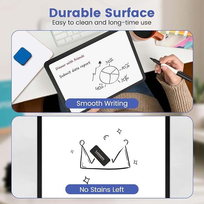 Small Wall White Board, 11" x 14" Mini Double-Sided Magnetic Dry Erase Board with Plastic Frame, Hanging Whiteboard with 5 Markers for Kids Students School Kitchen Home & Office, Black